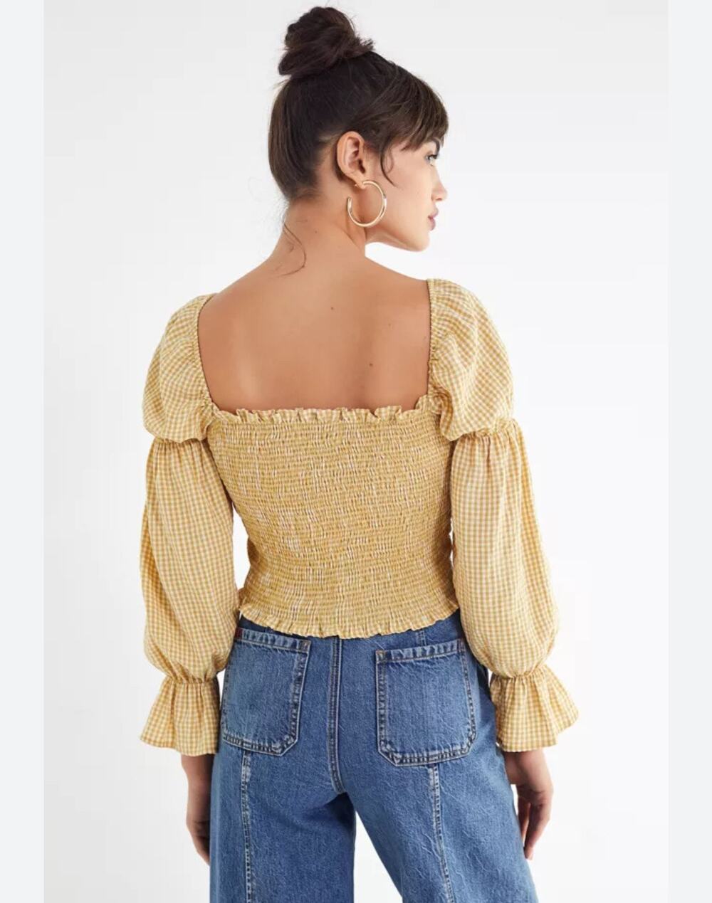 Urban Outfitters Mustard Yellow Gingham Shirred Puff Sleeve Milkmaid Top